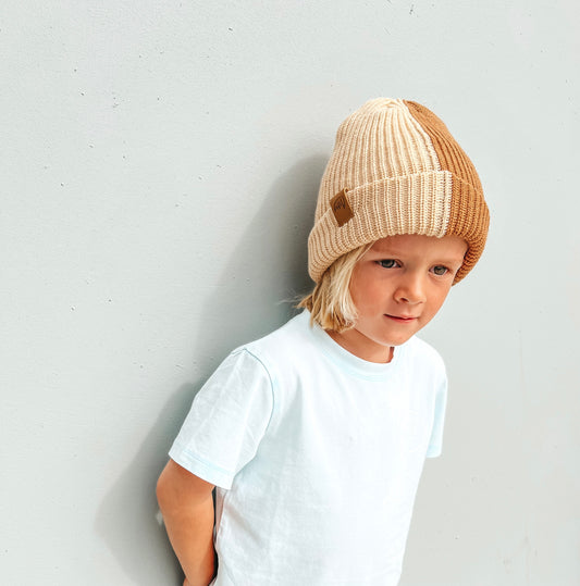 2 Tone Knit Beanie Tan/ Beige