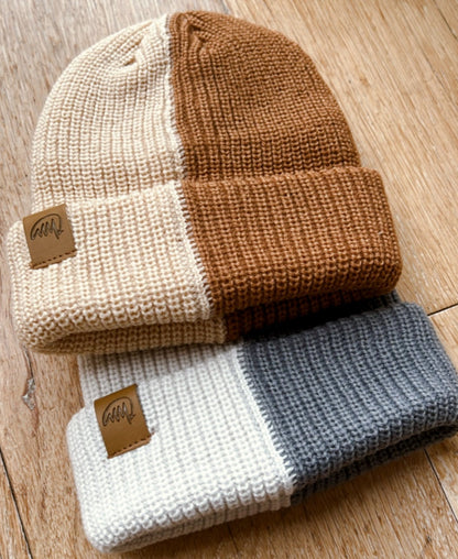 2 Tone Knit Beanie Tan/ Beige